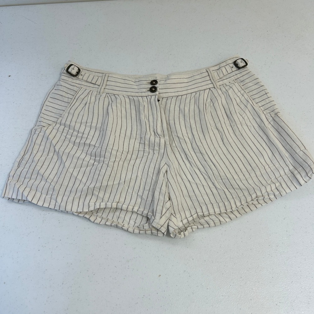 J.Crew Pinstripe Linen Cotton Blend Shorts Cream Navy Side Buckle Size 6
